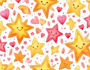 Cute star and heart pattern with watercolor effect
