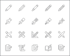 Simple Set of pen Related Vector Line Icons. Vector collection of pencil and quill pen, marker pen, stationery, writing, literature, pen nib symbols or logo elements in thin outline.