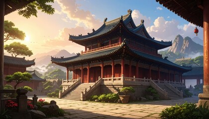 A grand, ancient temple complex, bathed in the warm glow of a sunrise, stands majestically against a backdrop of misty mountains.