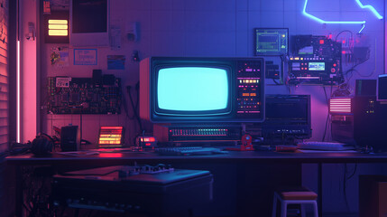Cyberpunk Retro-futuristic Scene: Vintage CRT TV with Glowing Pink Neon Outline, Surrounded by Old Electronic Devices on Dark Moody Surface