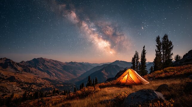 Camping under the stars a tent glows warmly beneath the milky way