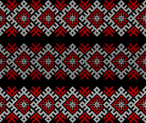 Ukrainian ethnic ornament vector, red and black cross-stitch seamless pattern, traditional vyshyvanka embroidery, folk art border for print, fabric, clothing, website, banner, background