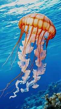 Jellyfish with orange and white tentacles floating in the ocean, Animal background.