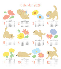 Fototapeta na wymiar 2026 Monthly calendar 12 months template. Cute design layout calendar week starts on sunday with dog, flower on beige background. Use for New year, business, print, advertisement, organization.