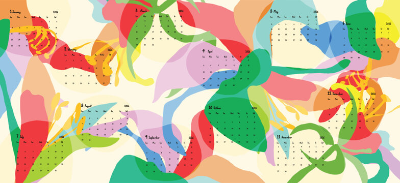 2026 Monthly calendar 12 months template. Cute design layout calendar week starts on sunday with colorful abstract flower on beige background. Use for New year, business, print.