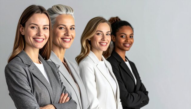 Group profile image of a smiling executive in tailored jacket, confident stance, neutral gray backdrop, high-resolution details on fabric and expression, website leadership section
