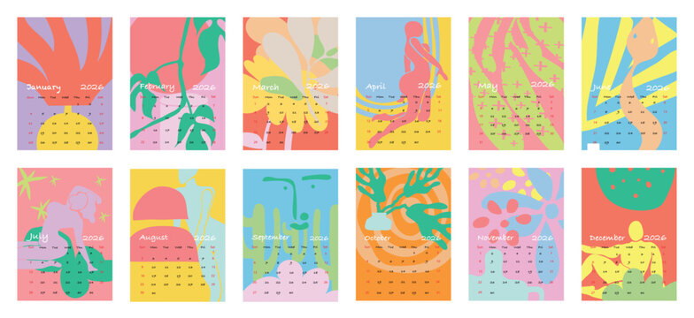 2026 Monthly calendar 12 months template. Cute design layout calendar week starts on sunday with vibrant abstract people, flower on colorful background. Use for New year, business, print.