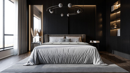 Modern Minimalist Bedroom Interior with Dark Walls and Elegant Lighting