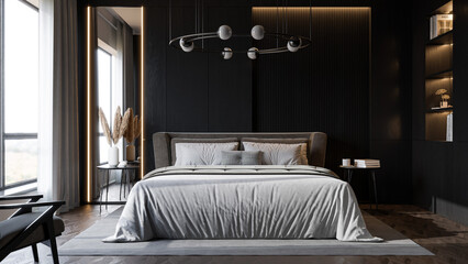 Modern Minimalist Bedroom Interior with Dark Walls and Elegant Lighting