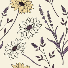 Vector art of a delicate floral pattern featuring sunflowers and lavender sprigs on a soft cream backdrop, creating a warm and inviting design perfect for various creative projects