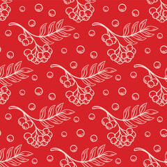 Seamless pattern with rowan twigs doodle sketch style. Hand drawn white sketch berries on warm autumn background. Fall season berry branch print, vector element