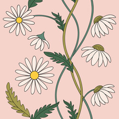 Vector art of elegant floral pattern featuring daisies with winding stems and green leaves on a soft pink background, creating a vintageinspired design suitable for various creative applications