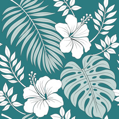 Vector art of a vibrant tropical pattern showcasing white hibiscus flowers, monstera leaves, and palm fronds against a teal backdrop, perfect for adding a touch of island paradise to any design © Mia1000