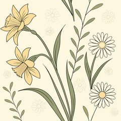 Vector art of delicate floral design showcasing daffodils, daisies, and elegant green leaves, creating a soft and inviting composition, perfect for adding a touch of nature to any project