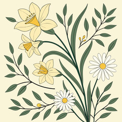 Vector art of charming floral arrangement featuring daffodils, daisies, and lush green foliage, creating a fresh and vibrant composition, perfect for adding a touch of nature to any design