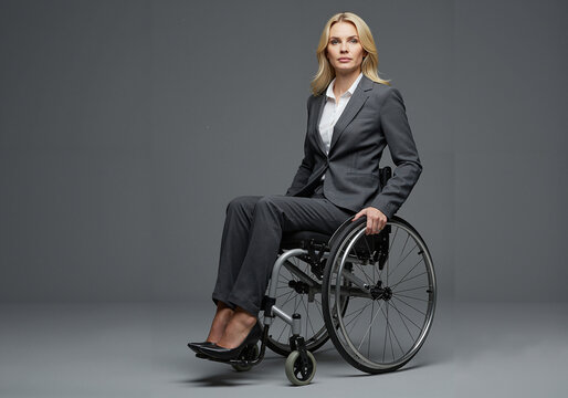 Confident woman in wheelchair wearing business suit against grey backdrop  