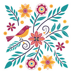 Vector art of a charming folk art illustration featuring a vibrant bird perched amidst a colorful array of flowers, leaves, and decorative elements, a whimsical and cheerful design
