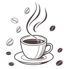 Vector art of a delightful cup of coffee with steam rising, surrounded by scattered coffee beans, , creating a warm and inviting atmosphere for coffee lovers