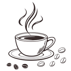 Vector art of elegant handdrawn sketch of a steaming cup of coffee with scattered beans, perfect for illustrating coffee shops, cafes, or coffeerelated products and promotions
