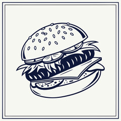 Vector art of monochrome illustration of a delicious burger with a sausage, cheese, lettuce, and tomato, perfect for fast food menus, posters, and promotional materials