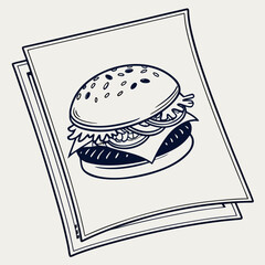 Vector art of handdrawn sketch of a delicious burger on a menu, showcasing its layers of patty, cheese, lettuce, tomato, and onion, perfect for illustrating fast food or restaurant specials