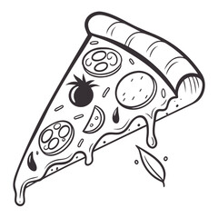 Vector art of a delectable slice of pizza, , rendered in a charming handdrawn style, showcasing melted cheese, pepperoni, tomato, and basil, perfect for culinary designs