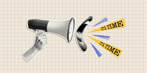 Loudspeaker with a screaming mouth in halftone effect. Collage concept time, time management, deadline.