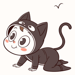 Vector art of a charming baby in a black cat costume crawls happily, eyes wide with wonder, under a gentle sky with a bird flying above, a delightful, whimsical illustration