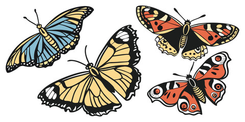 A collection of 16 realistic butterflies in various poses and angles, including top view with wings open, side views in mid-flight, and resting positions. Each butterfly has a unique wing shape and si