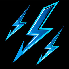 Collection of Glowing Blue Lightning Bolts on Black Background.