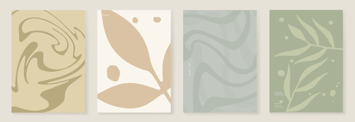 Obraz na płótnie Canvas Abstract botanical poster vector set. Leaves, flower in earth tone colors. Illustration design for Eco packaging, interior, cover, wall art, wallpaper. 