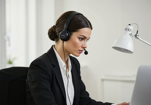 Young woman working at a desk in office with headset and laptop -