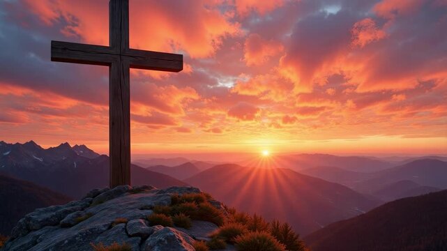 Majestic wooden cross atop mountain peak offering spiritual solace and reflection, a symbol of faith and hope with ample space for text overlay