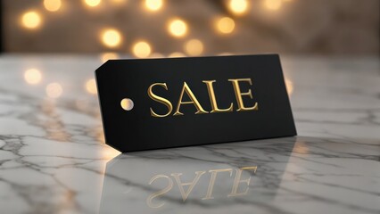 bargain hunt A black sale tag on a marble surface with blurred lights in the background.