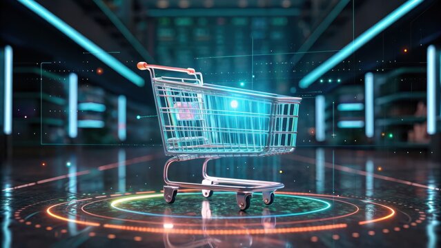 bargain hunt Digital shopping cart illuminated in a futuristic environment with neon accents.