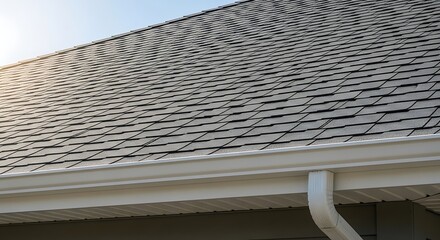 Close-up view of a gray shingle roof and white gutters, showcasing a clean, well-maintained exterior home element.