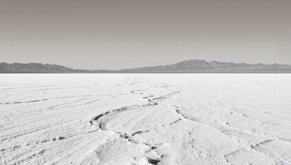 Vast snow-covered landscape with distant mountains under a clear, bright sky, evoking tranquility