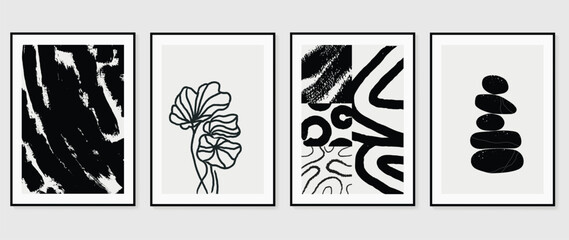 Obraz na płótnie Canvas Abstract botanical poster vector set. Leaves, flower in monochrome. Illustration design for Eco packaging, interior, cover, wall art, wallpaper.