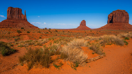 The redrock desert and spires of scenic drive in Monument Valley Navajo Tribal park in Arizona...