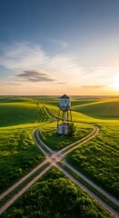 A picturesque water tower stands at the crossroads of winding paths through a vibrant green field bathed in the warm light of a setting sun.