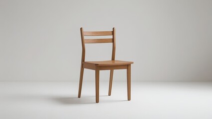 A light-toned wooden chair stands out against a plain, bright white backdrop.