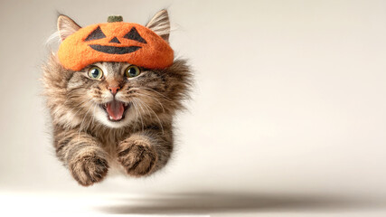 Cute tabby kitten jumping with orange pumpkin Halloween hat, opened mouth in excitement. Pet in flight on beige background with copy space. Advertising marketing banner with wow effect