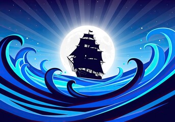 Naklejka premium Photo of a stylized tall ship sails through a wavy sea under a bright full moon, its dark silhouette contrasting with the vibrant blue waves and moonlit sky