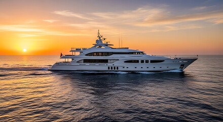 Fototapeta premium Luxury Yacht Cruising on Ocean Waters at Sunset with Warm Light in the Background
