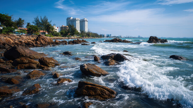Coastal cityscape with ocean waves rocky shore modern buildings skyline beach holiday destination travel background tourism advertisement stock photo