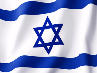 Israel flag with blue Star of David and stripes waving against a sky backdrop.