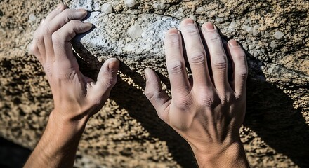 Close-up view of two hands gripping a textured rock face, highlighting the detail of the rock's surface and the climber's focused posture.