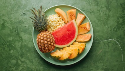 Vibrant plate of assorted fresh fruits including watermelon, pineapple, and cantaloupe