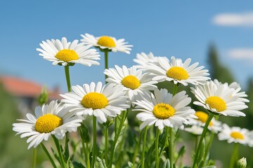 Close-up of daisies against a blue sky