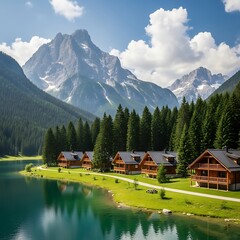 A serene lake nestled amongst towering mountains, with wooden cabins lining the shore, presents a picturesque vista.